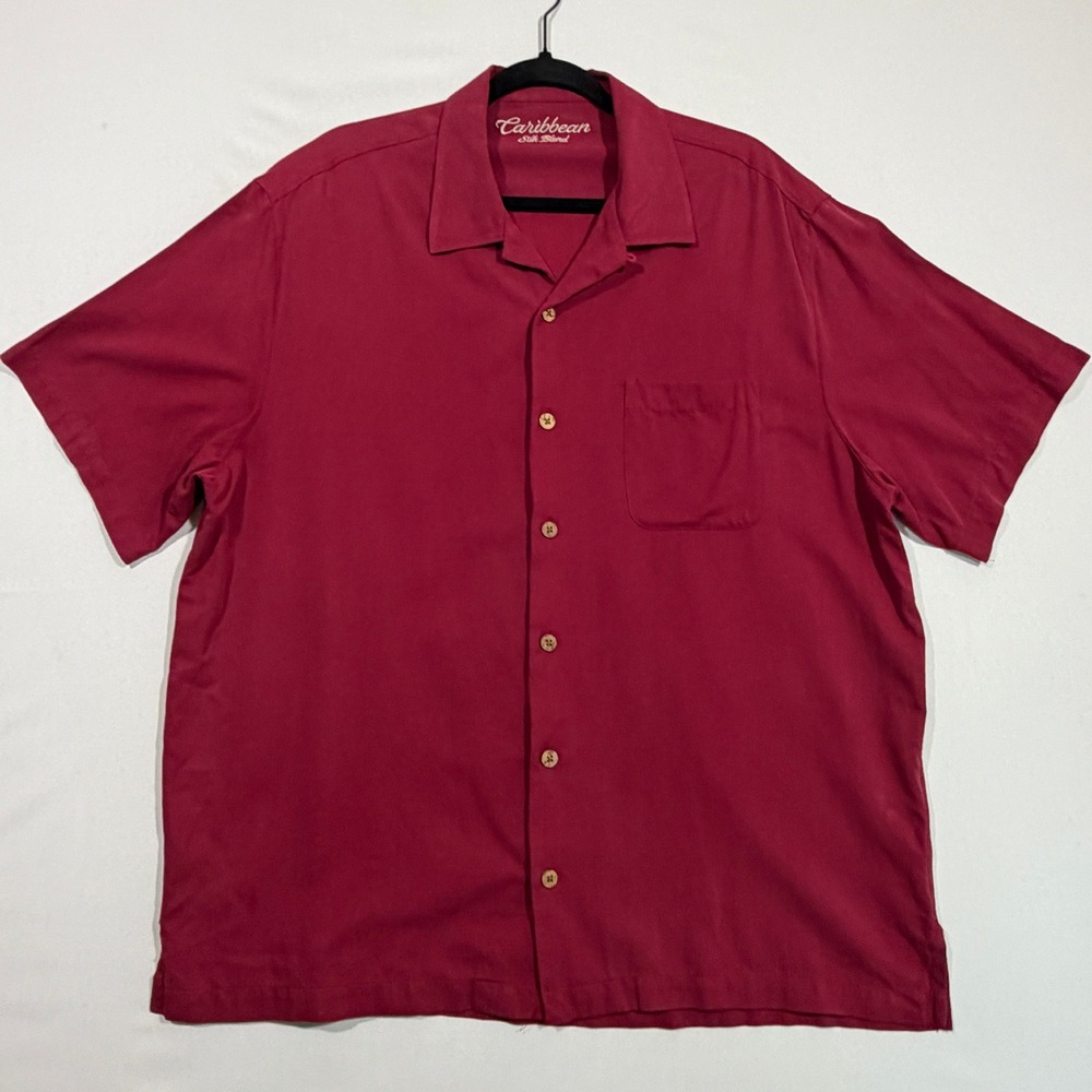 Caribbean Mens Shirt XL Red Silk Blend Short Sleeve Pocket Coastal Grandpacore